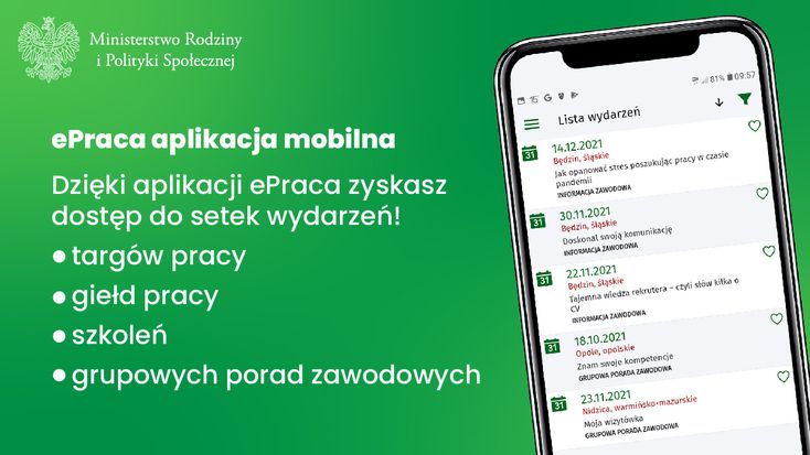 Dzięki aplikacji ePraca zyskasz dostęp do setek wydarzeń! Targów i giełd pracy, szkoleń, grupowych porad zawodowych